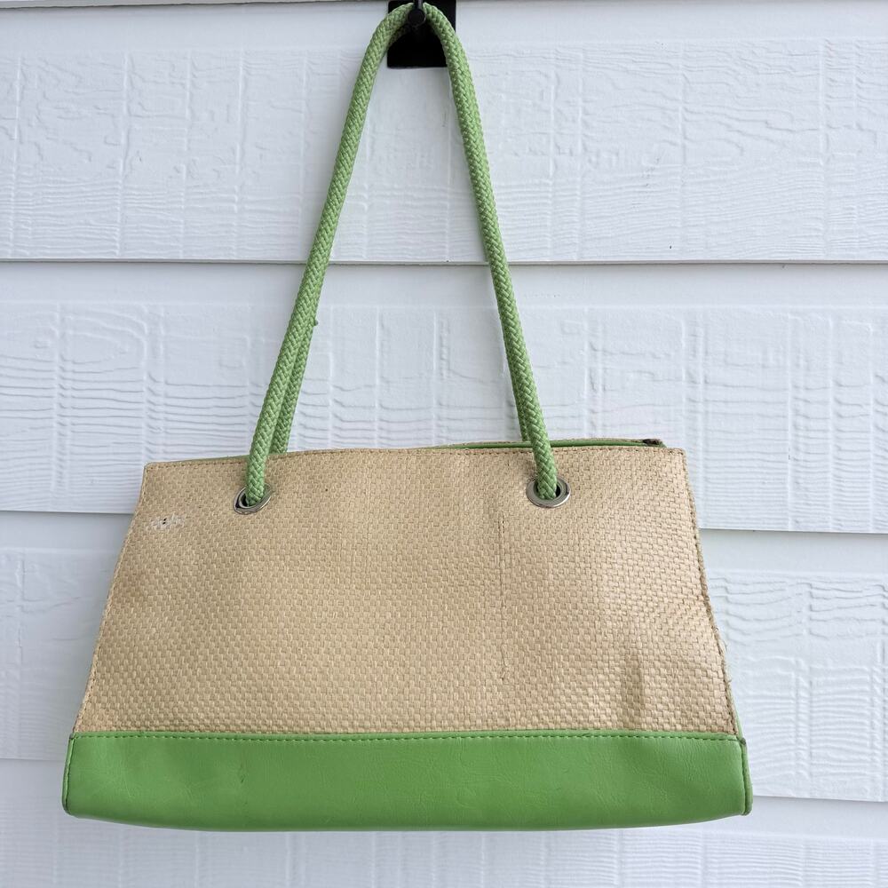 Sag Harbor Straw Tote Bag Green Trim Fruit Print Lining Coastal Summer Y2K